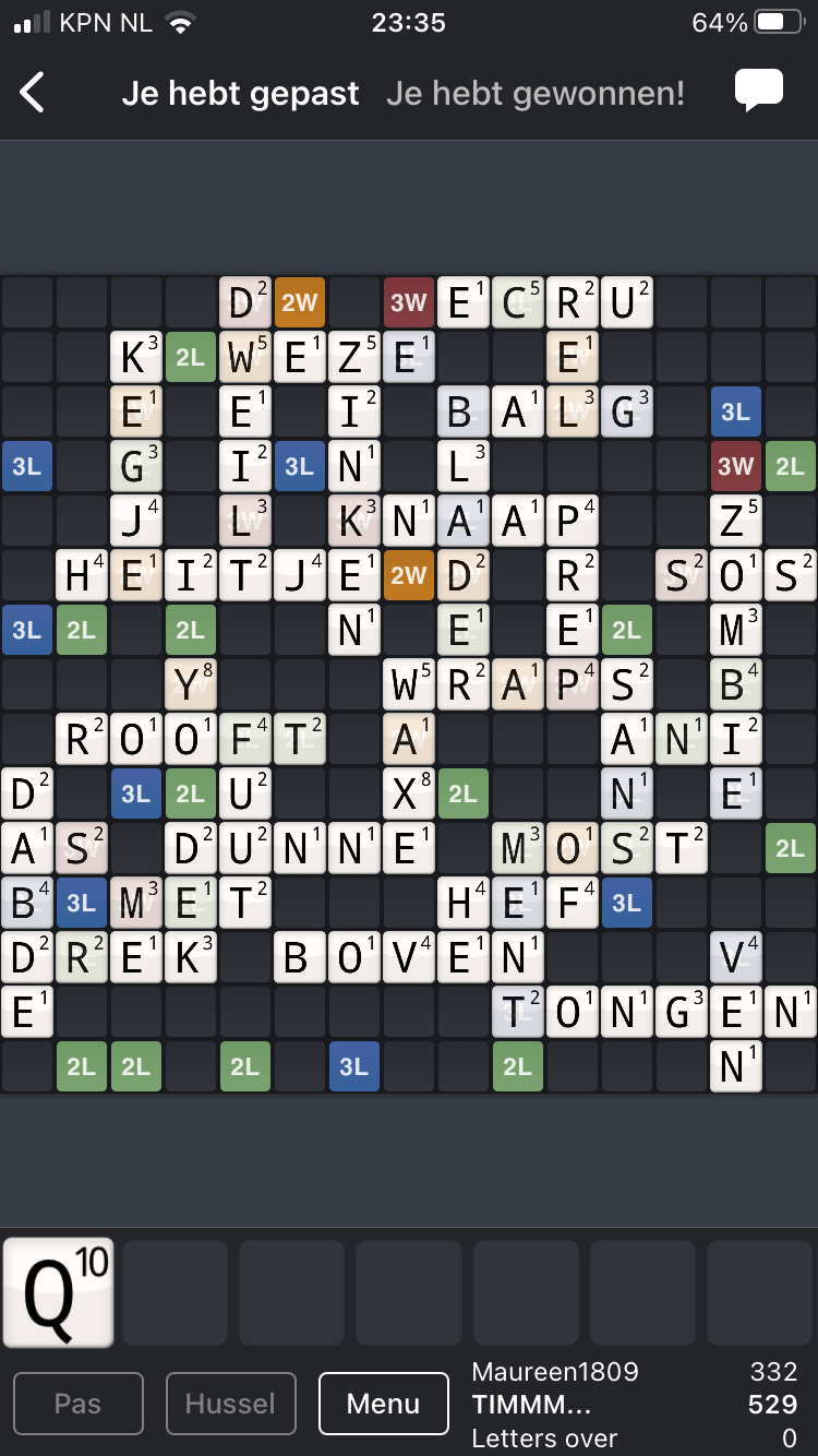Eindscore van 529 punten (random) Wordfeud Pro