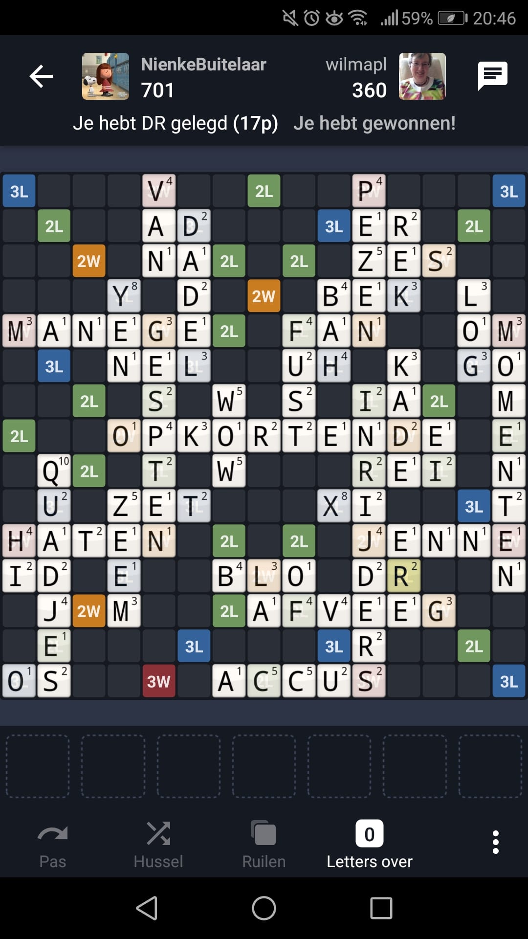 Wordfeud Eindscore (701 punten) Normaal bord Wordfeud Pro